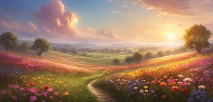 A breathtaking sunrise illuminating a vibrant meadow teeming with colorful blossoms. The serene landscape exudes warmth and tranquility as light rays dance over the flowers. A picturesque scene capturing nature s awakening