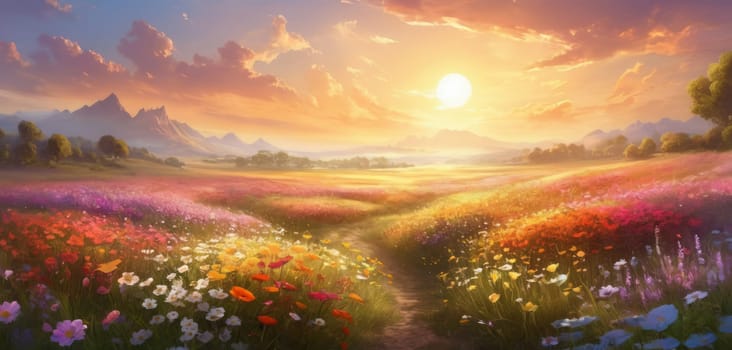 A breathtaking sunrise illuminating a vibrant meadow teeming with colorful blossoms. The serene landscape exudes warmth and tranquility as light rays dance over the flowers. A picturesque scene capturing nature s awakening