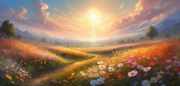 A breathtaking sunrise illuminating a vibrant meadow teeming with colorful blossoms. The serene landscape exudes warmth and tranquility as light rays dance over the flowers. A picturesque scene capturing nature s awakening