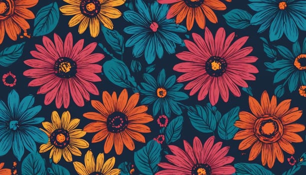A vibrant and colorful collection of flowers set against a dark background. The flowers are illustrated in a detailed and artistic manner, giving the image a lively and cheerful appearance.