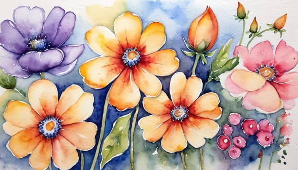 a watercolor painting of a bunch of flowers, botanical background.