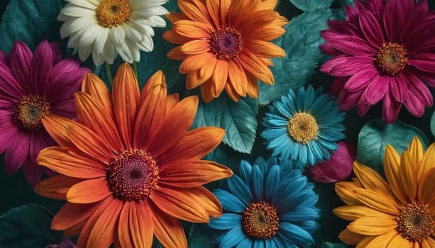 A vibrant and colorful collection of flowers set against a dark background. The flowers are illustrated in a detailed and artistic manner, giving the image a lively and cheerful appearance.