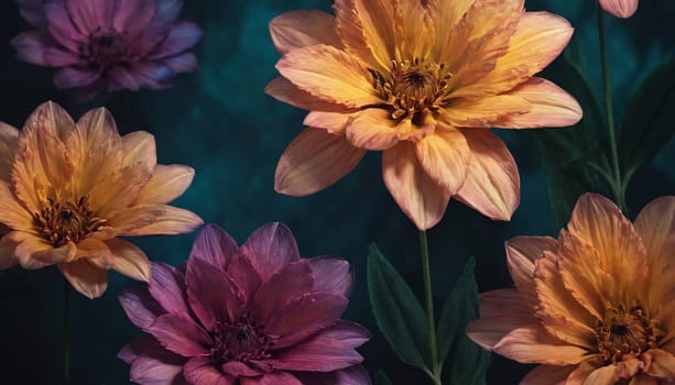 A vibrant and colorful collection of flowers set against a dark background. The flowers are illustrated in a detailed and artistic manner, giving the image a lively and cheerful appearance.