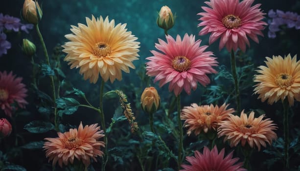 A collection of vibrant and detailed flowers against a dark teal background. The flowers are in full bloom, showcasing their intricate petal structures and rich colors.