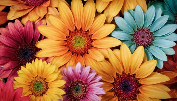A vibrant and colorful collection of flowers set against a dark background. The flowers are illustrated in a detailed and artistic manner, giving the image a lively and cheerful appearance.