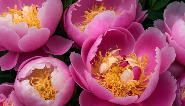 A close-up view of vibrant and delicate peonies. The flowers are captured in various stages of bloom, exuding a sense of natural beauty and elegance.