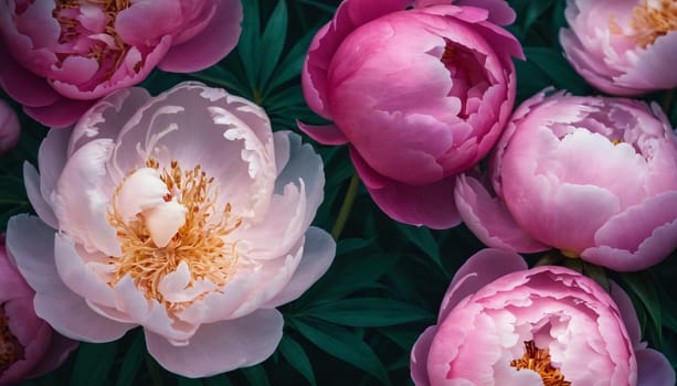 A close-up view of vibrant and delicate peonies. The flowers are captured in various stages of bloom, exuding a sense of natural beauty and elegance.