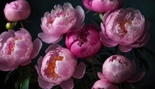 A close-up view of vibrant and delicate peonies. The flowers are captured in various stages of bloom, exuding a sense of natural beauty and elegance.