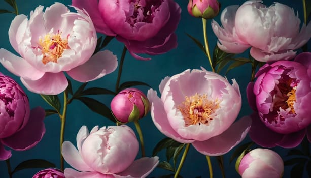 A close-up view of vibrant and delicate peonies. The flowers are captured in various stages of bloom, exuding a sense of natural beauty and elegance.
