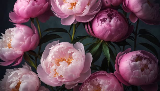 A close-up view of vibrant and delicate peonies. The flowers are captured in various stages of bloom, exuding a sense of natural beauty and elegance.
