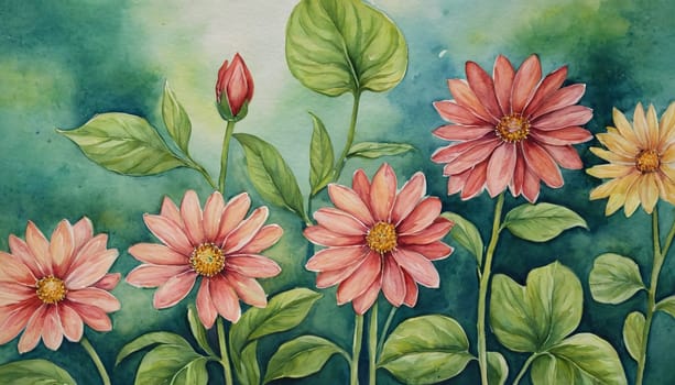 a watercolor painting of a bunch of flowers, botanical background.