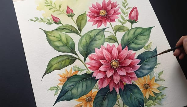 A beautiful and vibrant watercolor painting of flowers and leaves. A hand is visible, holding a paintbrush that s touching one of the leaves, indicating the painting process.
