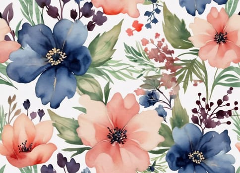A beautiful watercolor painting featuring a collection of vibrant flowers against a dark background. The flowers are in full bloom, showcasing petals in shades of red, pink, orange, and purple. The flowers have detailed centers with visible stamens.