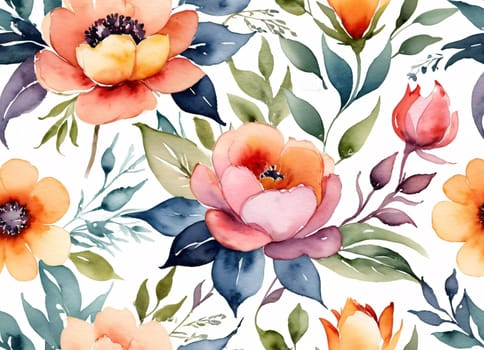 A beautiful watercolor painting featuring a collection of vibrant flowers against a dark background. The flowers are in full bloom, showcasing petals in shades of red, pink, orange, and purple. The flowers have detailed centers with visible stamens.