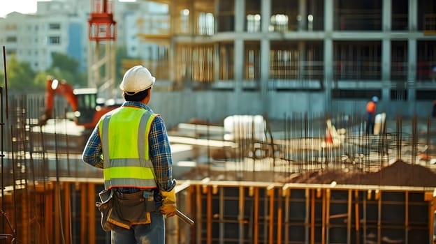 worker at multistorey building construction site, generative ai. High quality photo