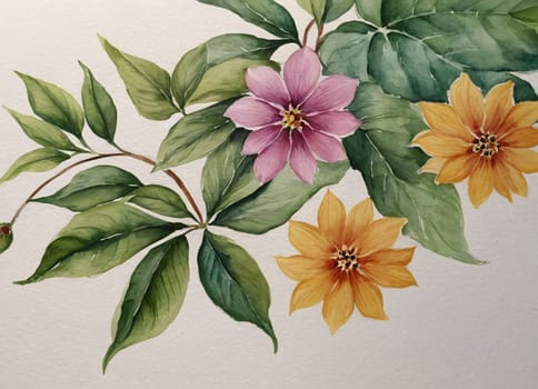 A beautiful watercolor painting featuring a collection of vibrant flowers against a dark background. The flowers are in full bloom, showcasing petals in shades of red, pink, orange, and purple. The flowers have detailed centers with visible stamens.