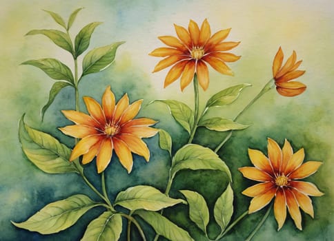 A beautiful watercolor painting featuring a collection of vibrant flowers against a dark background. The flowers are in full bloom, showcasing petals in shades of red, pink, orange, and purple. The flowers have detailed centers with visible stamens.