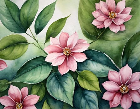 A beautiful watercolor painting featuring a collection of vibrant flowers against a dark background. The flowers are in full bloom, showcasing petals in shades of red, pink, orange, and purple. The flowers have detailed centers with visible stamens.
