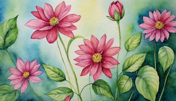 A beautiful watercolor painting featuring a collection of vibrant flowers against a dark background. The flowers are in full bloom, showcasing petals in shades of red, pink, orange, and purple. The flowers have detailed centers with visible stamens.