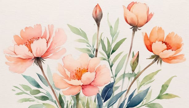 A beautiful watercolor painting depicting a collection of vibrant flowers. The flowers are in full bloom, displaying petals in shades of red, pink, orange and purple. The flowers have detailed centers with visible stamens.