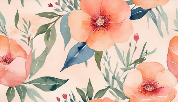 A beautiful watercolor painting depicting a collection of vibrant flowers. The flowers are in full bloom, displaying petals in shades of red, pink, orange and purple. The flowers have detailed centers with visible stamens.
