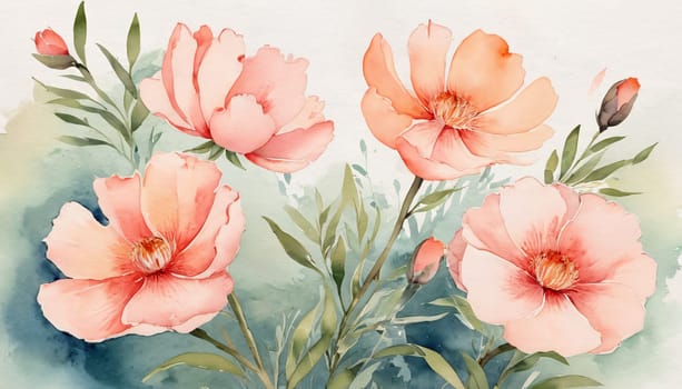 A beautiful watercolor painting depicting a collection of vibrant flowers. The flowers are in full bloom, displaying petals in shades of red, pink, orange and purple. The flowers have detailed centers with visible stamens.
