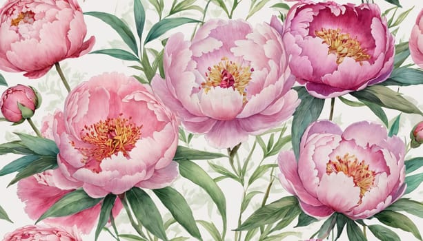 A beautiful and elegant illustration of blooming peonies with lush green leaves, set against a light background. It exudes a sense of freshness, natural beauty, and tranquility.