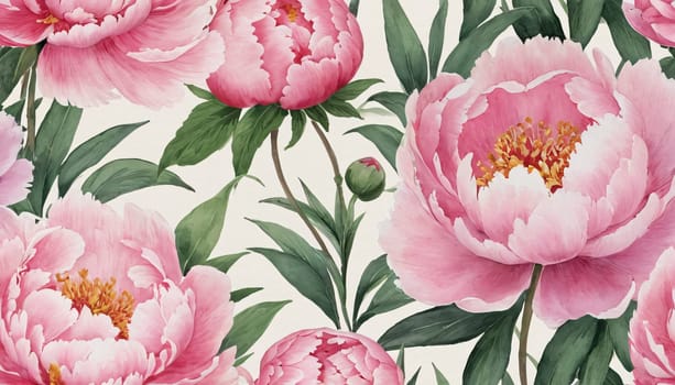 A beautiful and elegant illustration of blooming peonies with lush green leaves, set against a light background. It exudes a sense of freshness, natural beauty, and tranquility.