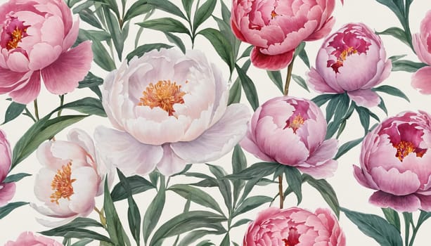 A beautiful and elegant illustration of blooming peonies with lush green leaves, set against a light background. It exudes a sense of freshness, natural beauty, and tranquility.