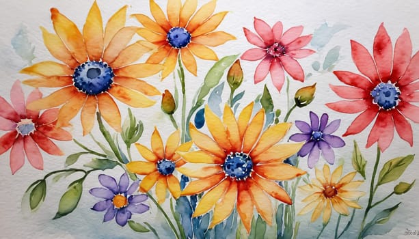 A vibrant and colorful watercolor painting of various flowers and plants. The flowers are painted in bright colors including orange, purple, pink, and violet. The plants and foliage are painted in shades of green, adding to the natural aesthetic.