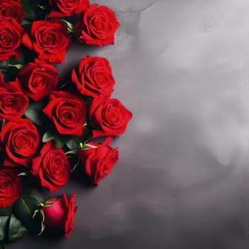 Beautiful banner with red roses background of Mothers, Valentine Day, Birthday, Anniversary, Wedding. Copy space. For advertisement, greeting card mockup, presentation, header, poster, website print