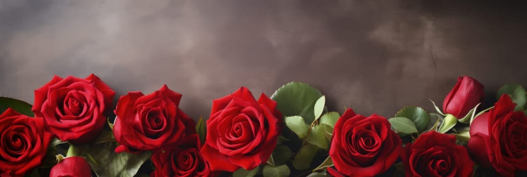 Beautiful banner with red roses background of Mothers, Valentine Day, Birthday, Anniversary, Wedding. Copy space. For advertisement, greeting card mockup, presentation, header, poster, website print