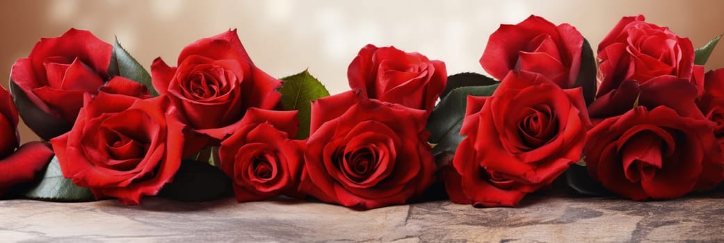 Beautiful banner with red roses background of Mothers, Valentine Day, Birthday, Anniversary, Wedding. Copy space. For advertisement, greeting card mockup, presentation, header, poster, website print