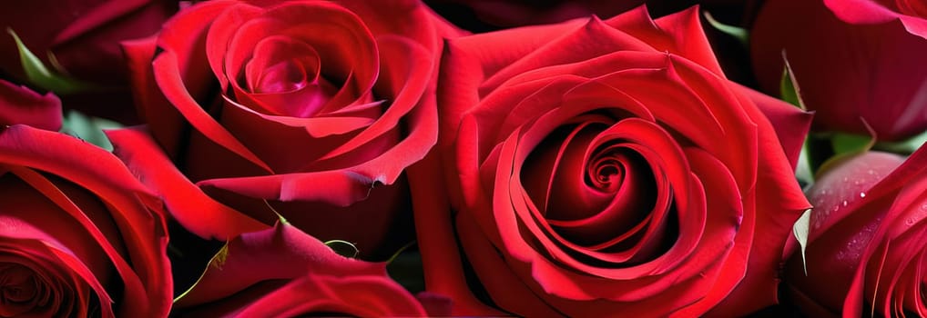 Beautiful banner with red roses background of Mothers, Valentine Day, Birthday, Anniversary, Wedding. Copy space. For advertisement, greeting card mockup, presentation, header, poster, website print