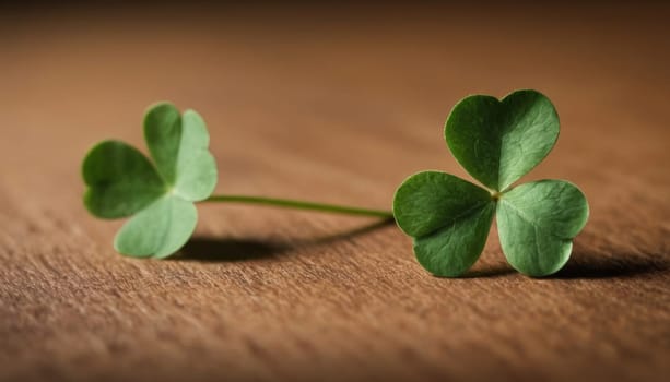 A macro shot of a bright green four-leaf clover with water droplets on a dark brown wooden background. This image conveys a sense of luck, nature, and beauty.