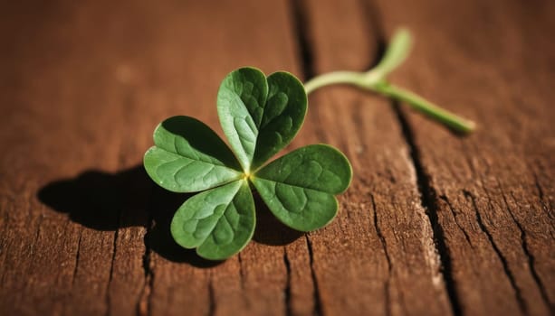 A macro shot of a bright green four-leaf clover with water droplets on a dark brown wooden background. This image conveys a sense of luck, nature, and beauty.