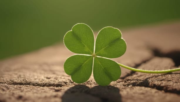 A stunning image of a large green clover leaf backlit by the golden sun. The leaf is surrounded by shadows and plants on the forest floor, creating a contrast between light and dark.