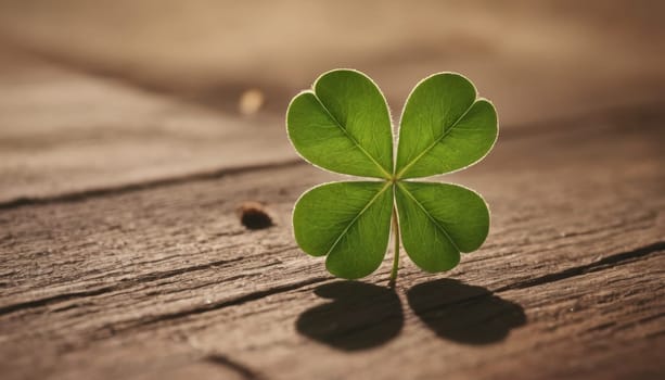 A macro shot of a bright green four-leaf clover with water droplets on a dark brown wooden background. This image conveys a sense of luck, nature, and beauty.