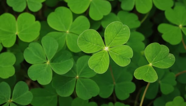 A beautiful image of a green clover leaf shining in the sun rays in a forest setting. The leaf stands out among the brown leaves and plants on the ground, creating a bokeh effect. The image conveys