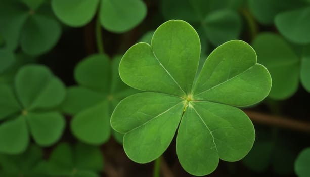 A beautiful image of a green clover leaf shining in the sun rays in a forest setting. The leaf stands out among the brown leaves and plants on the ground, creating a bokeh effect. The image conveys