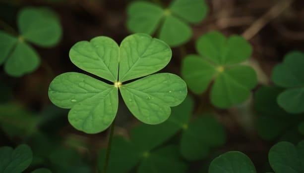 A beautiful image of a green clover leaf shining in the sun rays in a forest setting. The leaf stands out among the brown leaves and plants on the ground, creating a bokeh effect. The image conveys