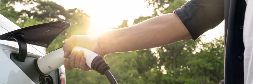 Man recharging battery for electric car during road trip travel EV car in natural forest or national park with sunrise lighting. Eco friendly travel during vacation and holiday. Panorama Exalt