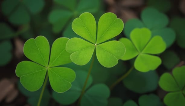 A beautiful image of a green clover leaf shining in the sun rays in a forest setting. The leaf stands out among the brown leaves and plants on the ground, creating a bokeh effect. The image conveys