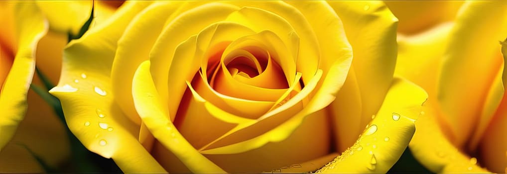 Beautiful banner with yellow roses background of Mothers, Valentine Day, Birthday, Anniversary, Wedding. Copy space. For advertisement, greeting card mockup, presentation, header, poster website