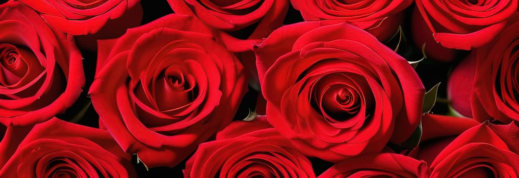 Beautiful banner with red roses background of Mothers, Valentine Day, Birthday, Anniversary, Wedding. Copy space. For advertisement, greeting card mockup, presentation, header, poster, website print