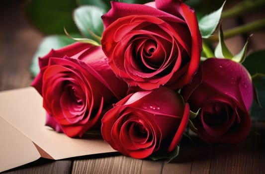 Beautiful banner with red roses background of Mothers, Valentine Day, Birthday, Anniversary, Wedding. Copy space. For advertisement, greeting card mockup, presentation, header, poster, website print