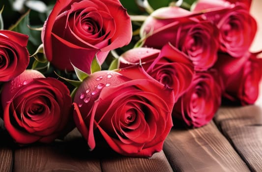Beautiful banner with red roses background of Mothers, Valentine Day, Birthday, Anniversary, Wedding. Copy space. For advertisement, greeting card mockup, presentation, header, poster, website print