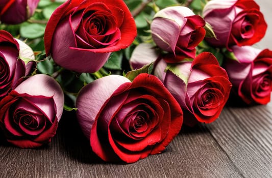 Beautiful banner with red roses background of Mothers, Valentine Day, Birthday, Anniversary, Wedding. Copy space. For advertisement, greeting card mockup, presentation, header, poster, website print