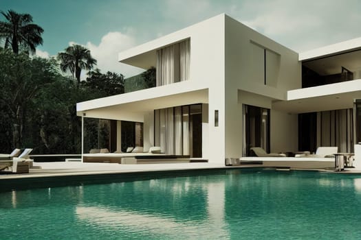 Luxury pool villa spectacular contemporary design digital art real estate , home, house and property, Generative AI illustration.