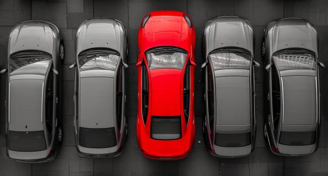 a red car among grey cars .marketing concept. AI generative.